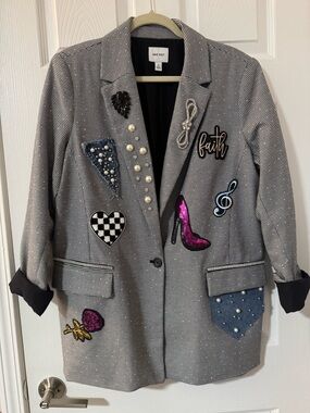 Nine West Black and White Checked Blazer With Embellished Patches XL